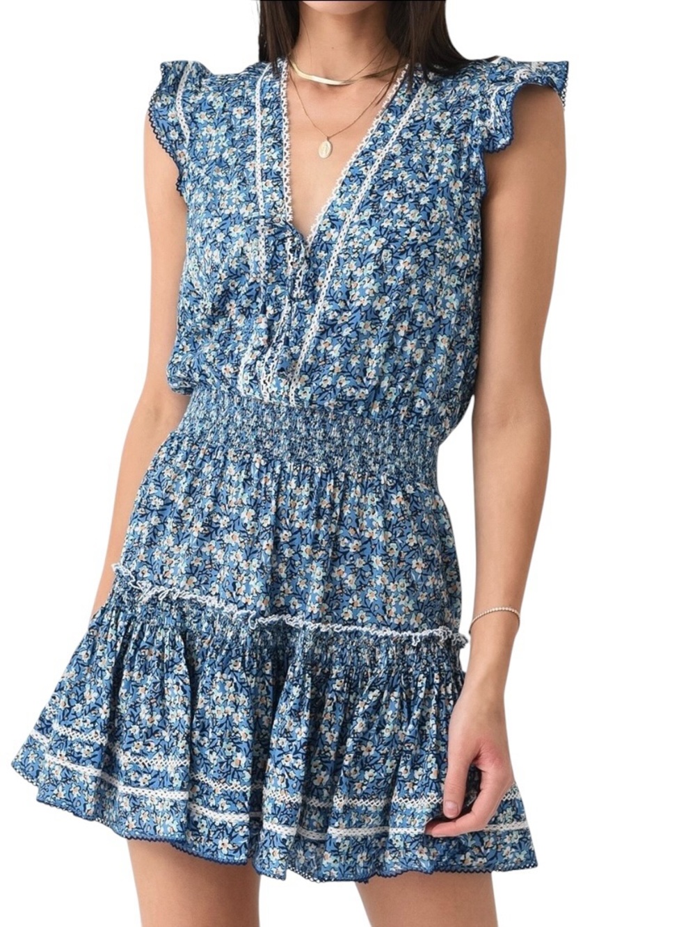 Poupette St. Barth Anais Floral Flutter Sleeve V-Neck Lace Front Mini Dress